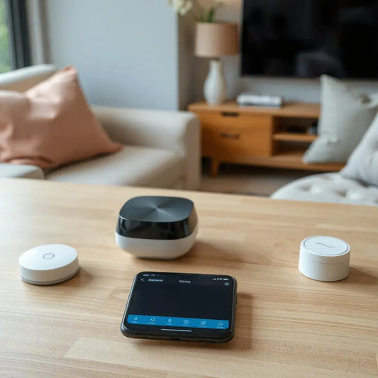 Smart home hub, smartphone, and motion sensor on a modern living room table