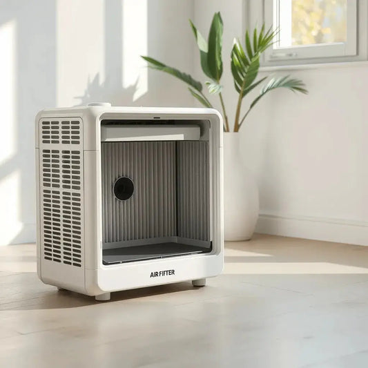 Modern air purifier with a visible replacement filter compartment and pleated filter media