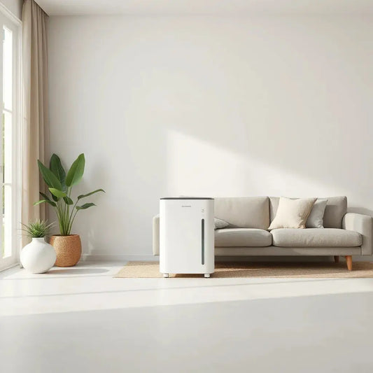 Modern premium air purifier near a sunlit window in a clean living room with subtle airflow