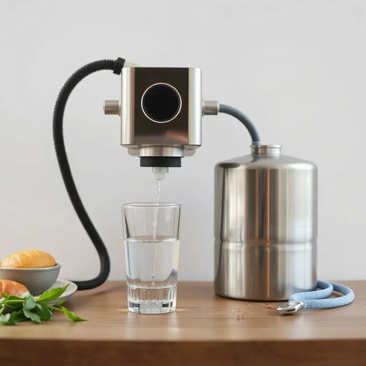 Countertop water purification system with clear water in a glass and visible filter housing