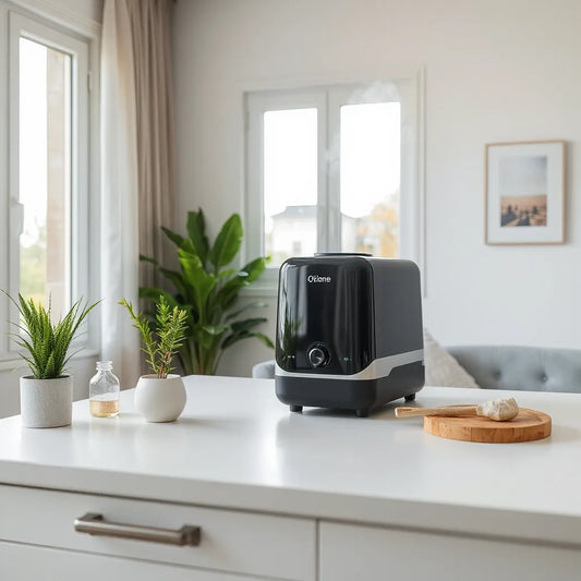 Compact ozone generator on a tabletop near a window with gentle airflow