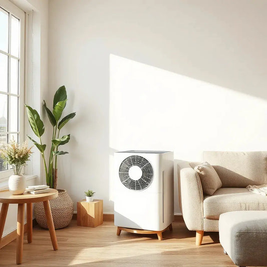 Modern HEPA air purifier in a bright living room helping reduce dust and allergens