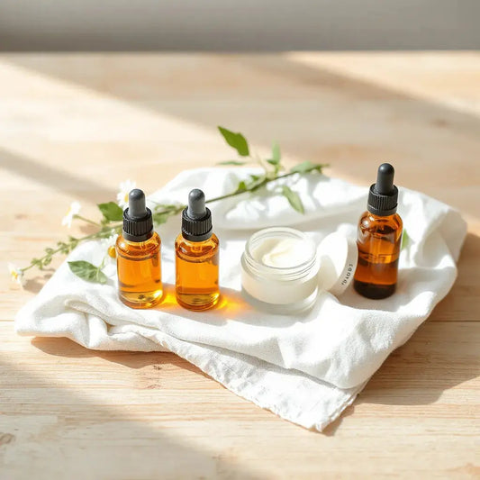 Natural skincare bottles and cream jar with chamomile sprigs on a light wooden surface.