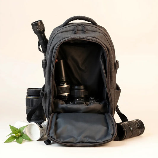 Rugged camera backpack open with padded compartments for a camera body and lenses