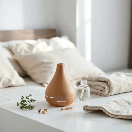 Sleek aroma diffuser on a bedside table with essential oil bottle and soft natural light
