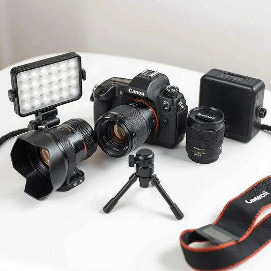 Camera and lenses with tripod and LED light laid out on a clean tabletop