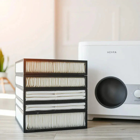 Pleated replacement HEPA filter cartridges next to a modern air purifier in bright indoor light