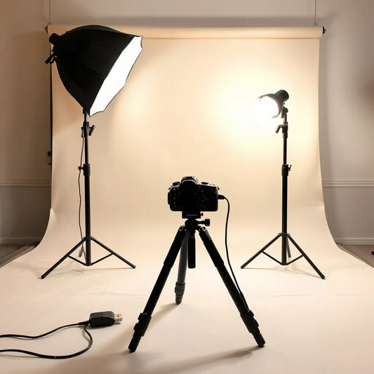 Studio lighting kit with softbox and LED lights set up on light stands in a clean photo studio