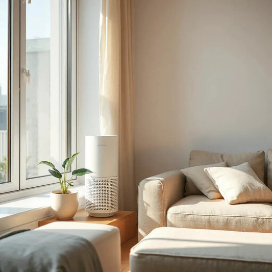 Modern living room with a sleek air purifier near a window showing cleaner air in sunlight