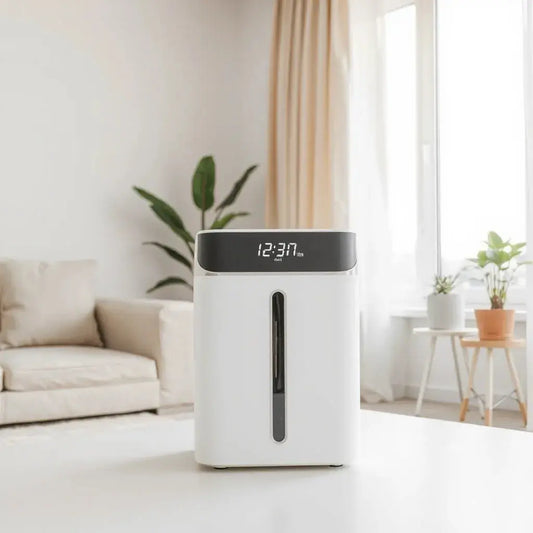 Modern dehumidifier in a bright living room near a window, helping reduce indoor dampness.